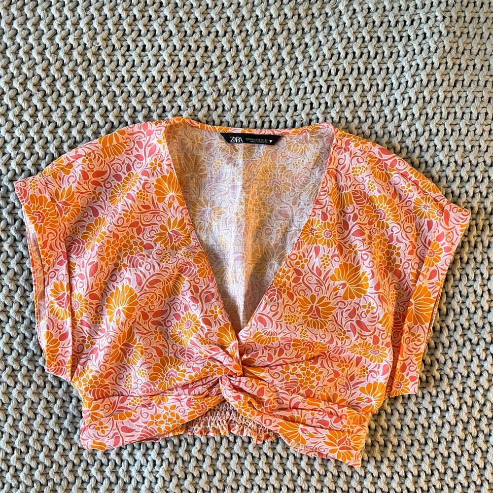 NWOT Zara Twist Front Linen Blend Floral Crop Top - Picture 5 of 9